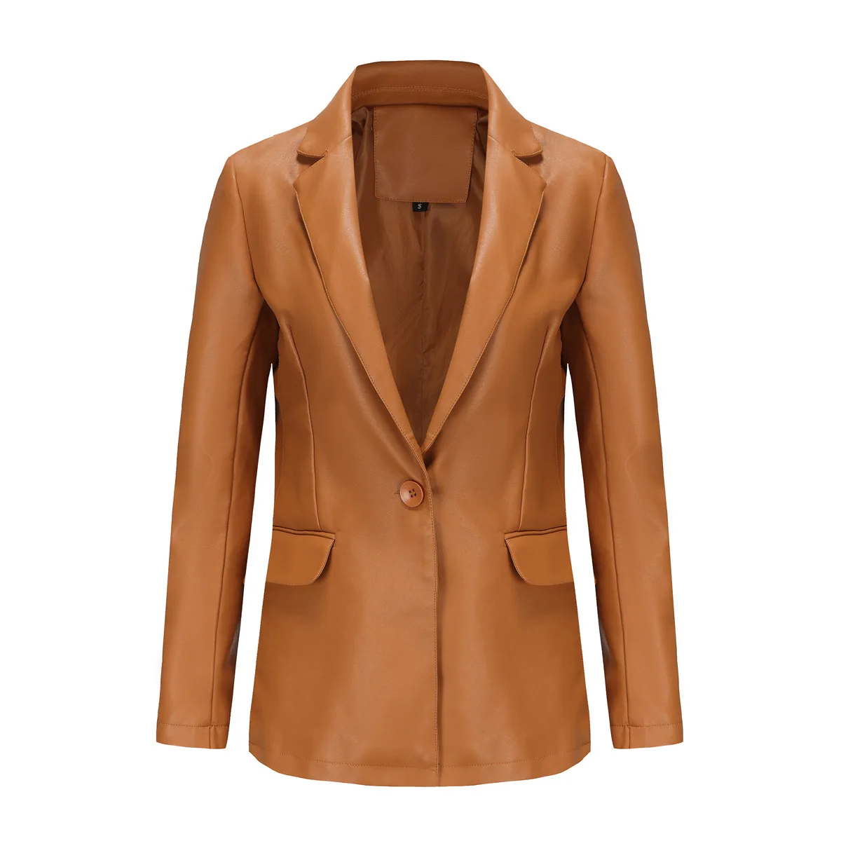 Women's Artificial Leather Small Suit, Windproof Single Button, Casual Solid Leather Coat, Small suit leather jacket