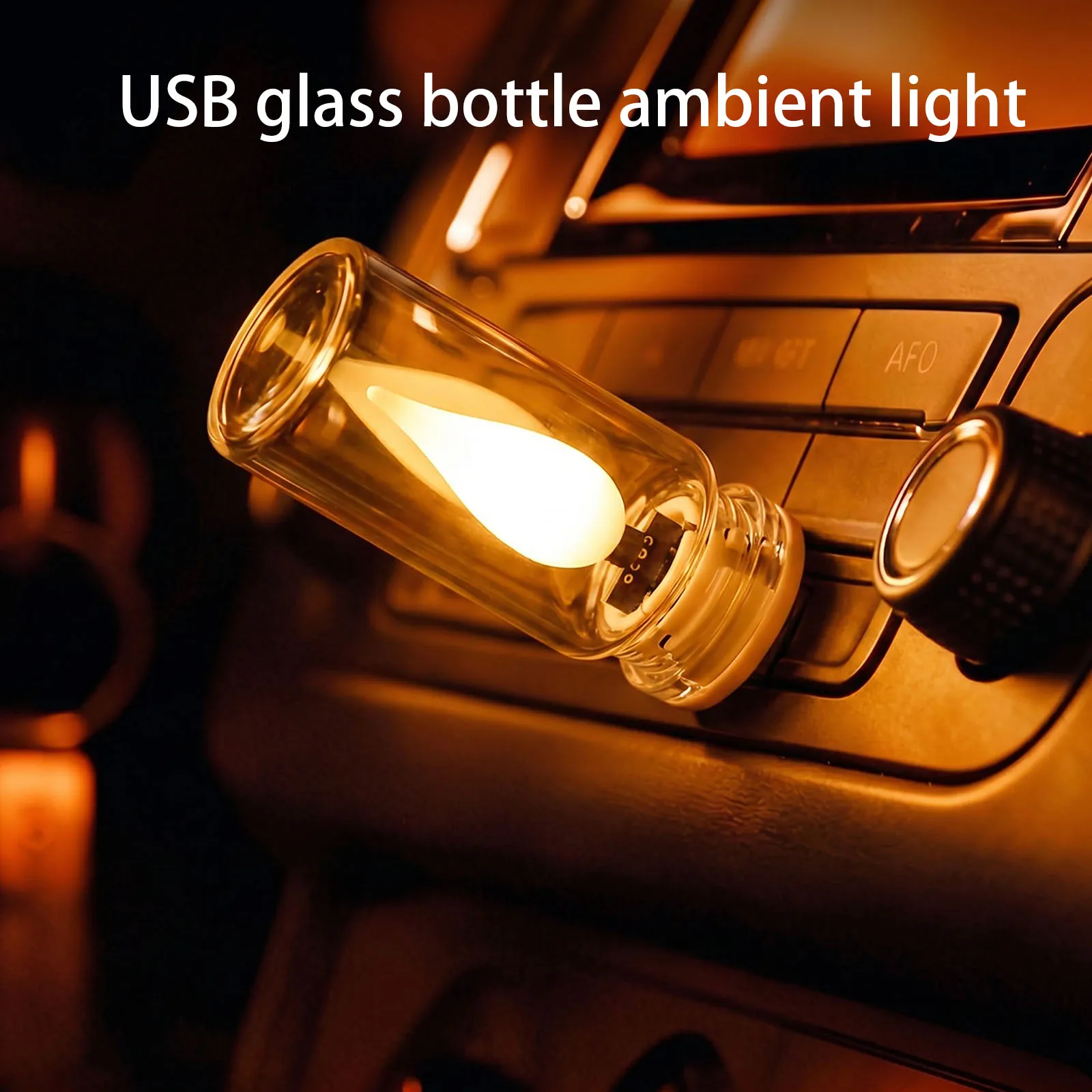 Adjustable Led Spectrum Light Glass Bottle Design USB LED Lights Simulated Flame for Car Decorations Interior Accessories Use
