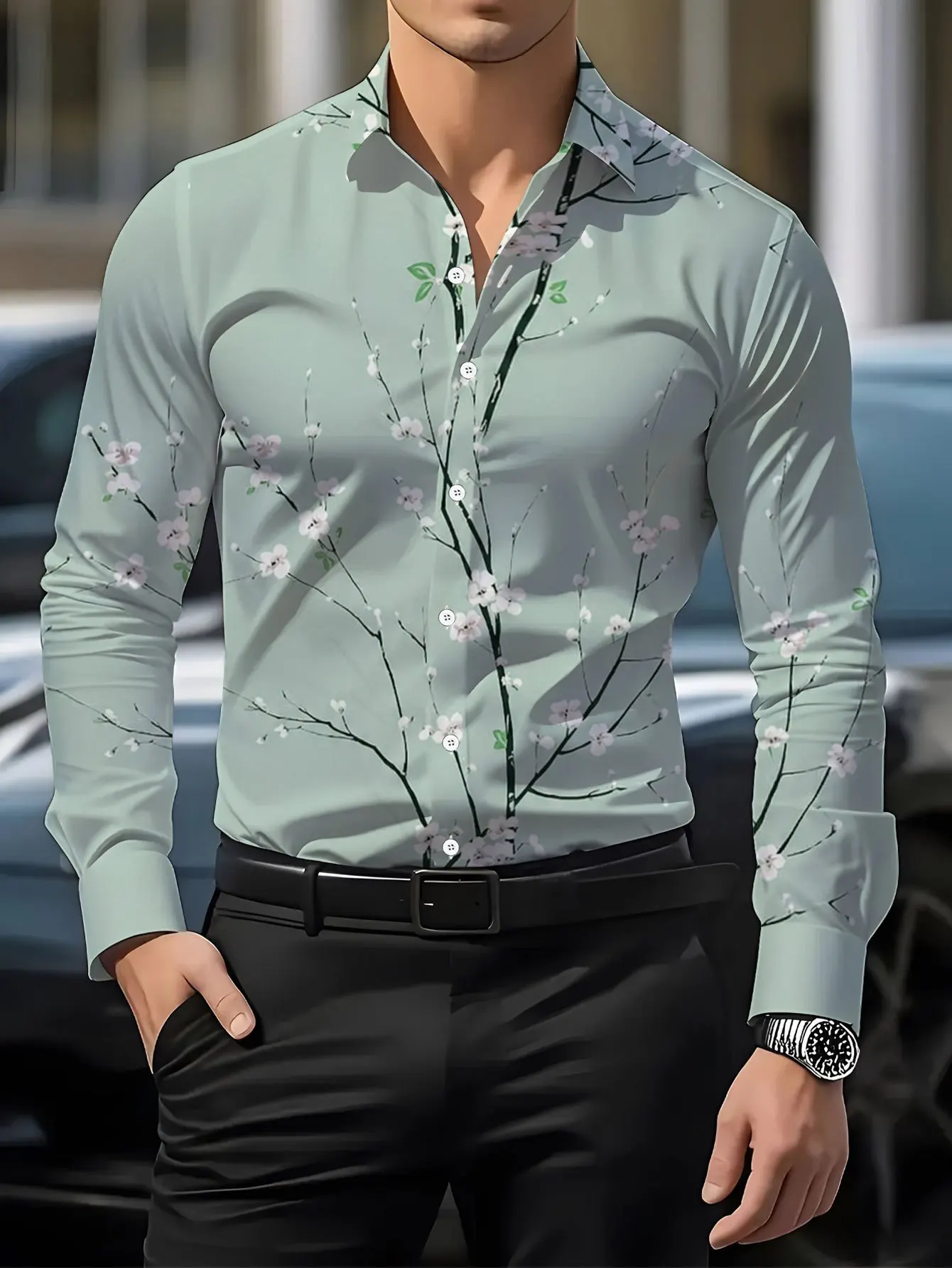 Men Long Sleeve Shirt Chinese Ink Mountain Landscape Print Button Down Casual Daily Holiday Party Slim Fit Tops Men's Clothing