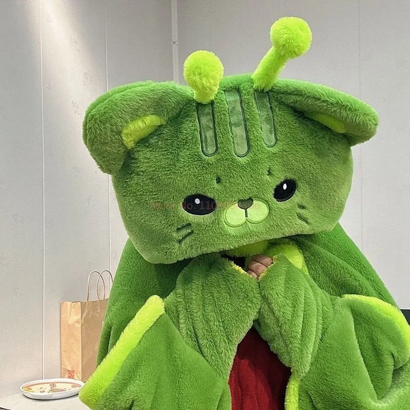 Cartoon Cute Alien Cat Hooded Blanket Plush Cloak For Winter Green Flannel Wearable Robe With Gloves Home Office Nap Girls Gifts - view 5