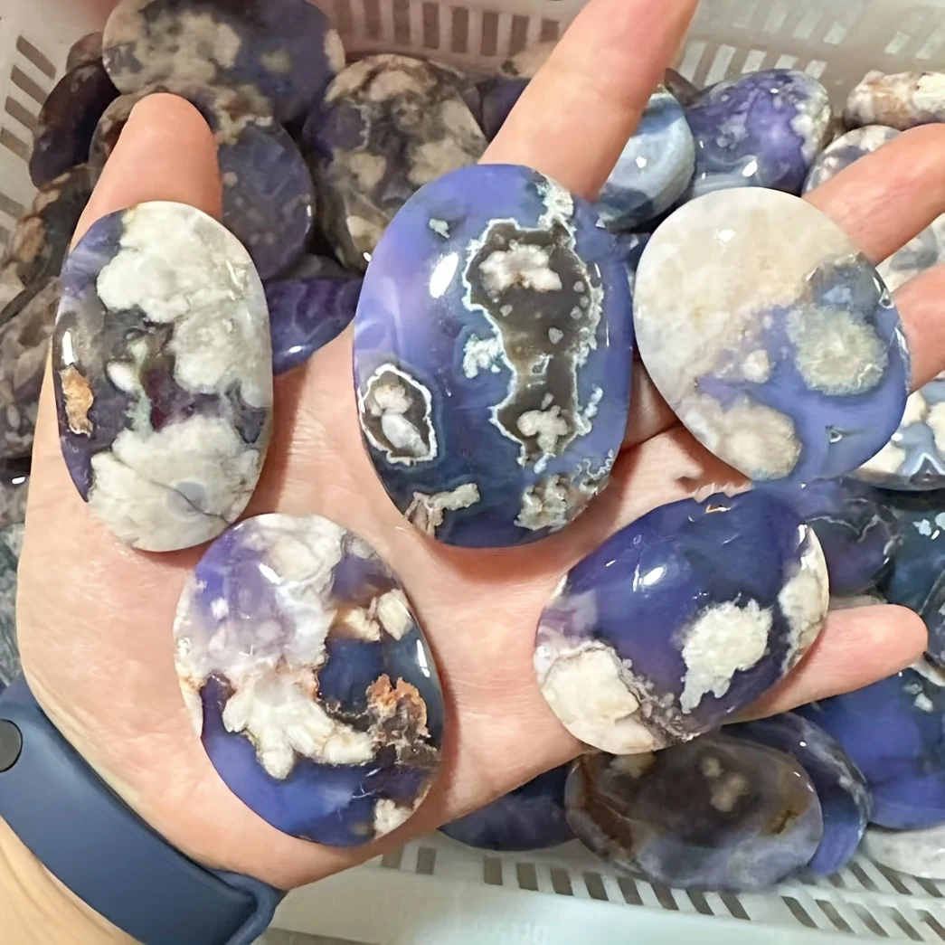 1pc Blue Flower Agate Crystal Palm Stone Crystal with Deep Blue Beige Sakura Cherry Blossom, Unique Gift for Valentine'S Day