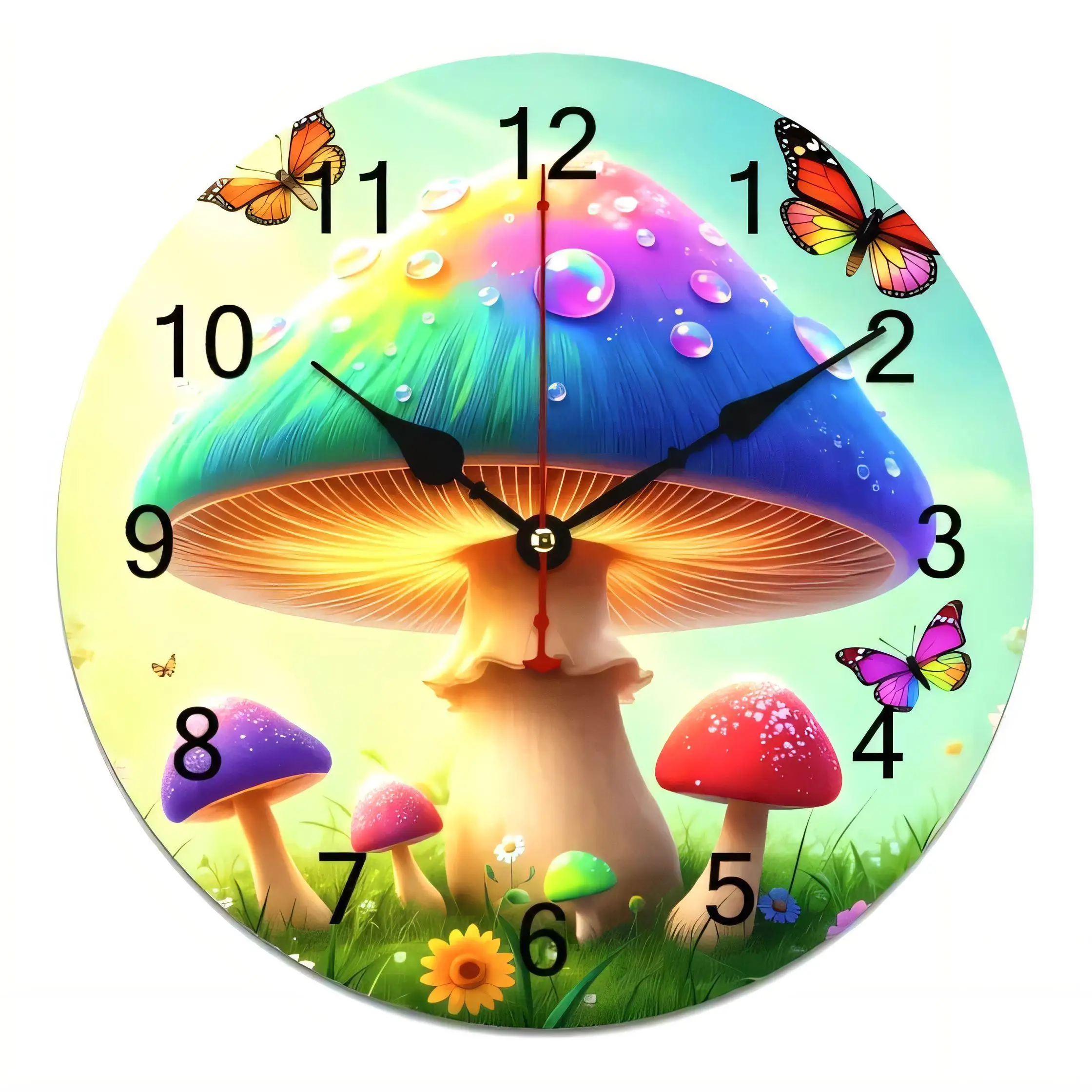 Whimsical Fantasy Rainbow Mushroom Wall Clock  Decorative Magic Dreamlike Home Art with Butterflies