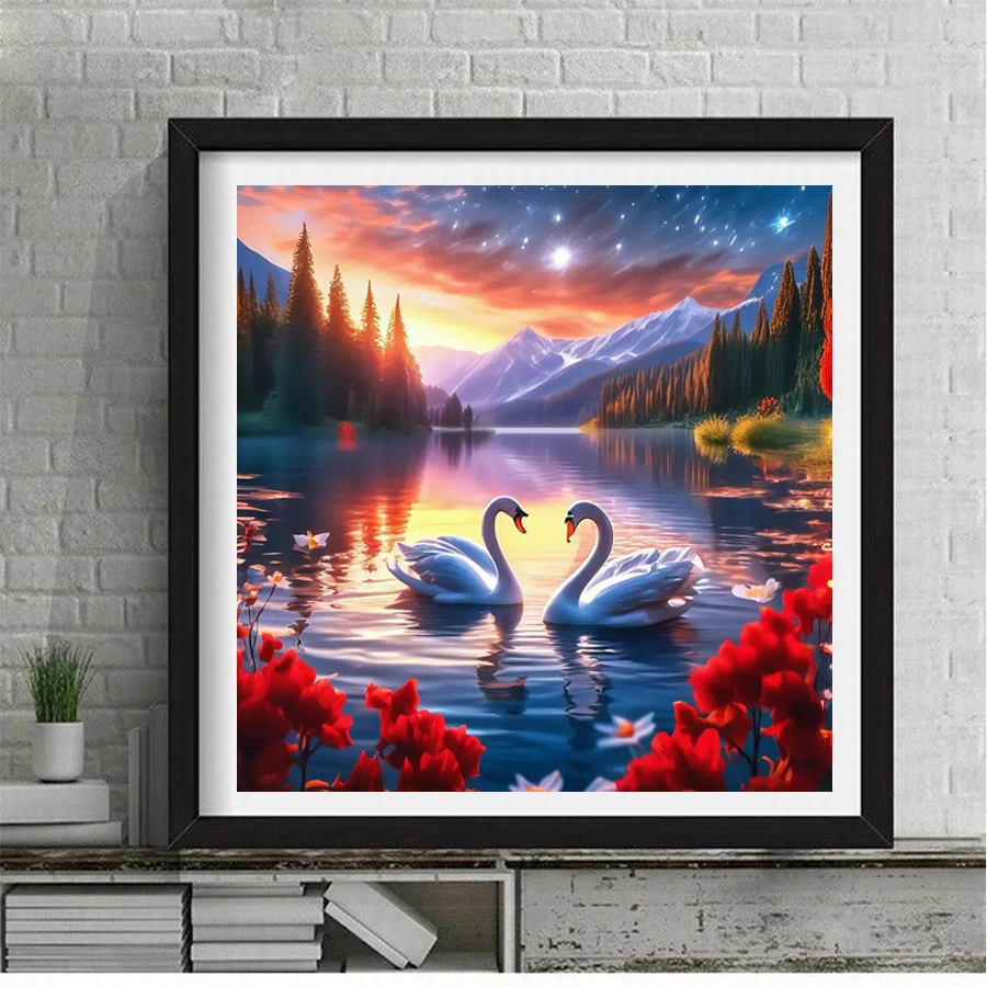 Diy 5d Diamond Painting New Arrival 2024 White Couple Swan Full Mosaic Embroidery Natural Lake Scenery Picture Wall Decor