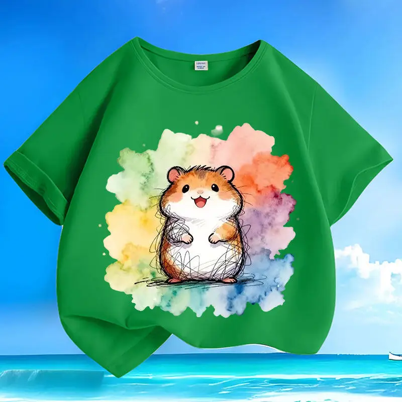 Graffiti Hamster Pure Cotton Cartoon Short Sleeved Small and Medium-sized Children's Round Neck T-shirt Casual Parent-child Top