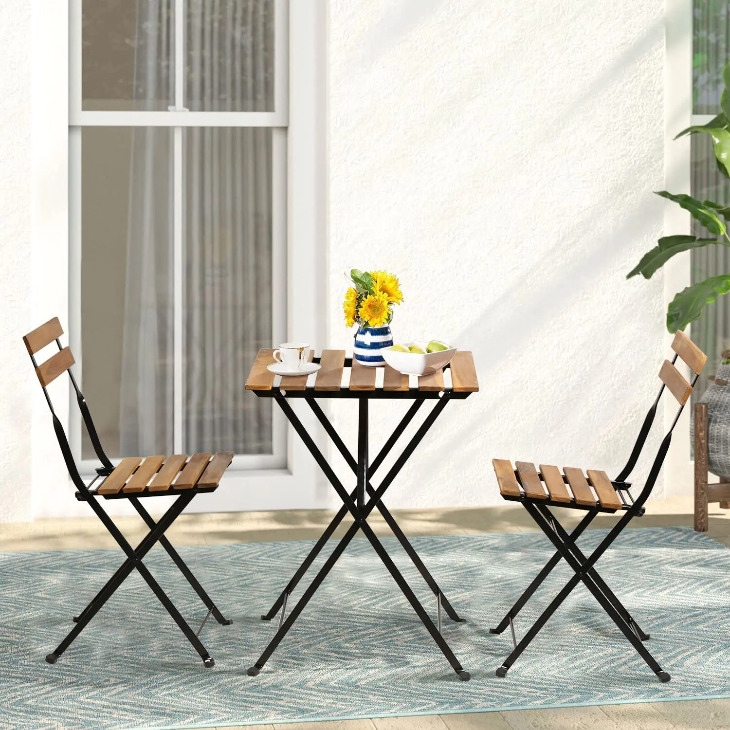 Vintage Foldable Bistro Set 1 Square Table With 2 Folding Chairs Metal Frame Garden Patio Furniture For Outdoor Use