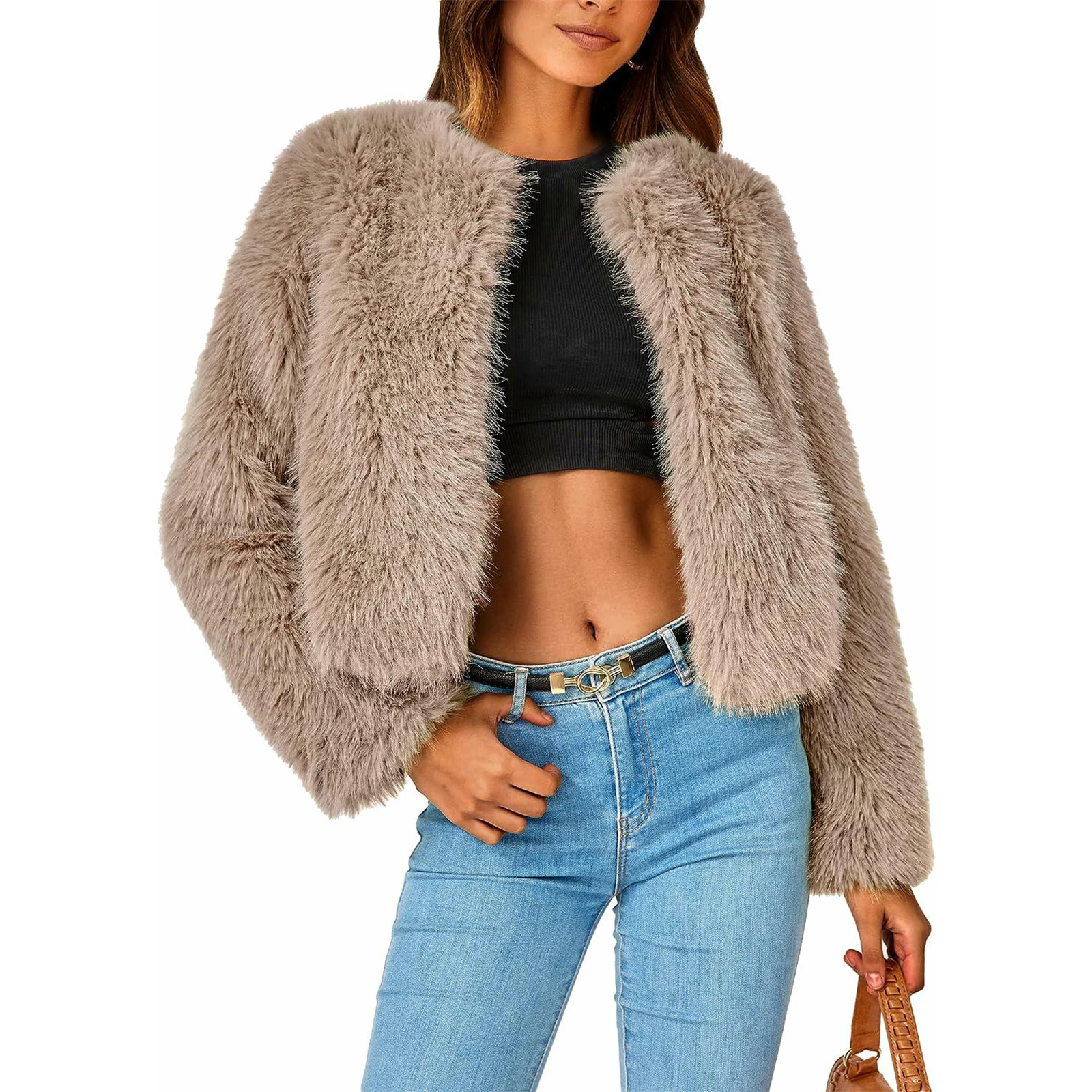 Women\'s Elegant Winter Faux Fur Coats Cardigans Fleece Cropped Jacket Solid Color Long Sleeve Shaggy Warm Outerwear Coats