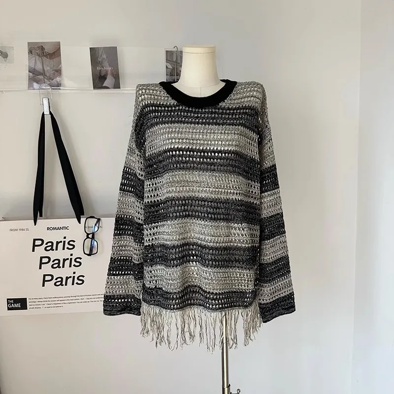 Vintage Striped Long Fringe Knitted Sweater Korean Fashion Vintage Party College Pullover Sweater