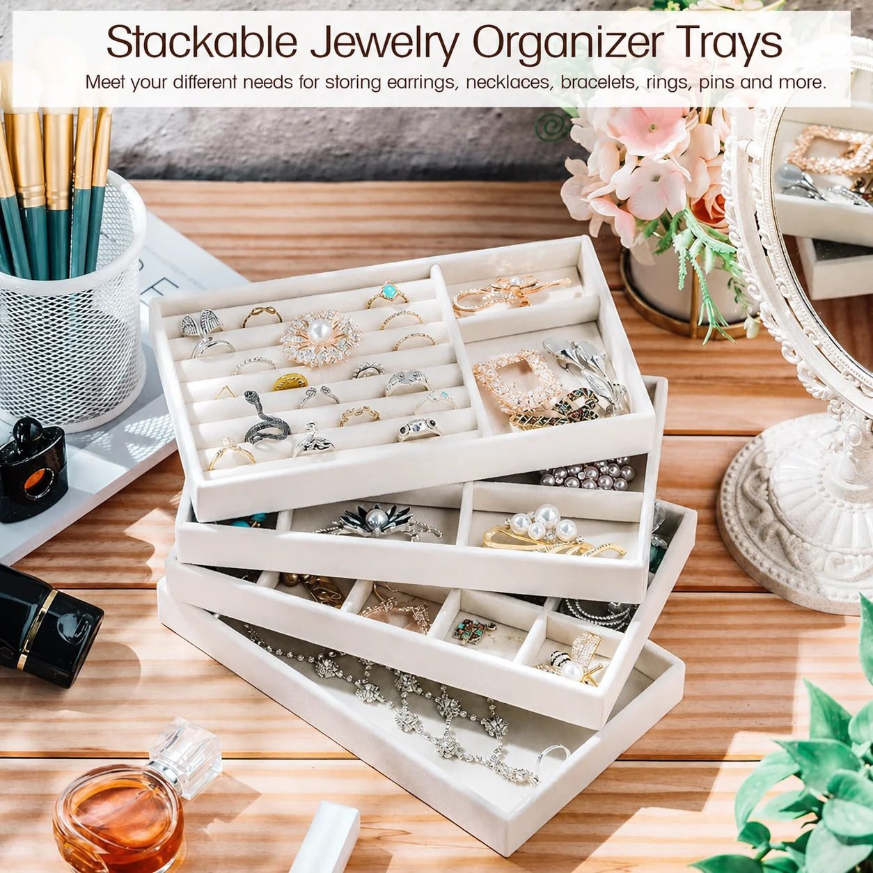 Velvet Jewelry Storage Tray Stackable Jewelry Organizer for Earrings Rings Necklaces Bracelets Jewelry Display Holder