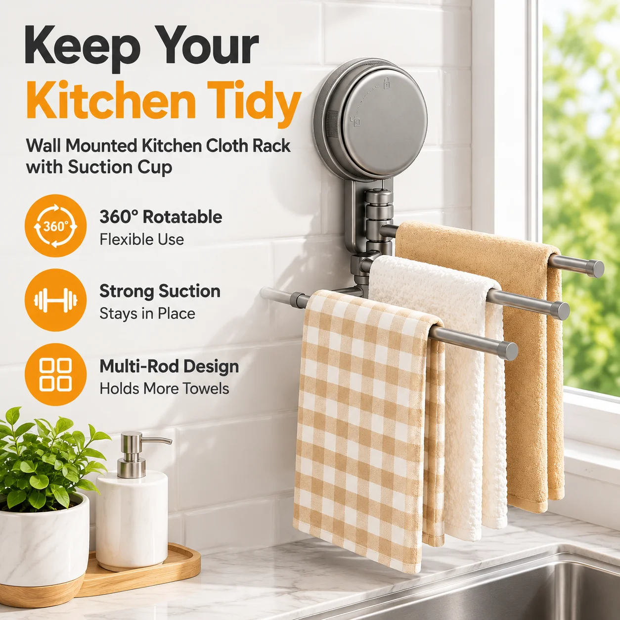 Wall Mounted Kitchen Cloth Rack with Suction Cup, Rotatable Multi Rod Towel Storage Drainer for Sink Window Sill