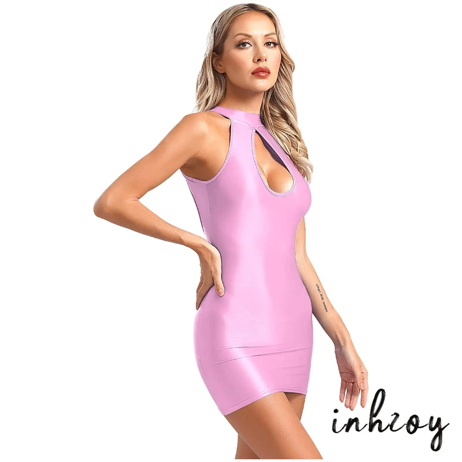 

Glossy Womens Sheer Bodycon Dress Sleeveless Backless Hollow Out Mini Dress Tempting Dress Nightclub Babydoll Lingerie Nightwear