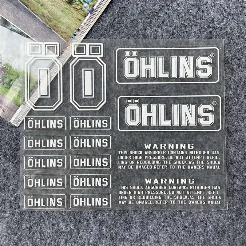 OHLINS Shock Absorber Decor Stickers 1SET Transparent Adhesive PVC Labels White Background Black Text For Motorcycle