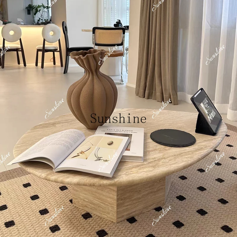 Wabi Sansan wind beige travertine special-shaped coffee table living room sofa modern design small apartment round dining table