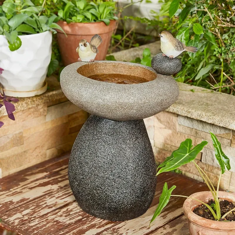 20.75 H Water Fountain with LED Light and Pump Zen Style Faux Stone Texture Birdbath Outdoor Fountains with Birds Decor Floor
