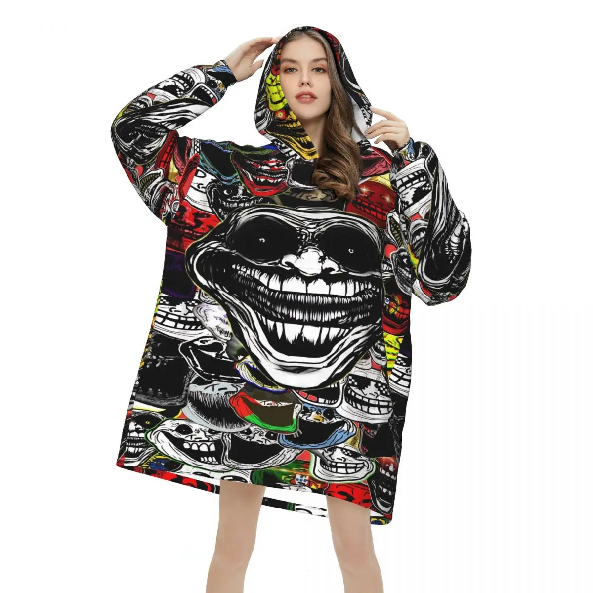 Funny Trollface Oversized Blanket Hoodie Sweatshirt Long Fleece Hooded Wearable Blanket with Large Pocket for Women Men