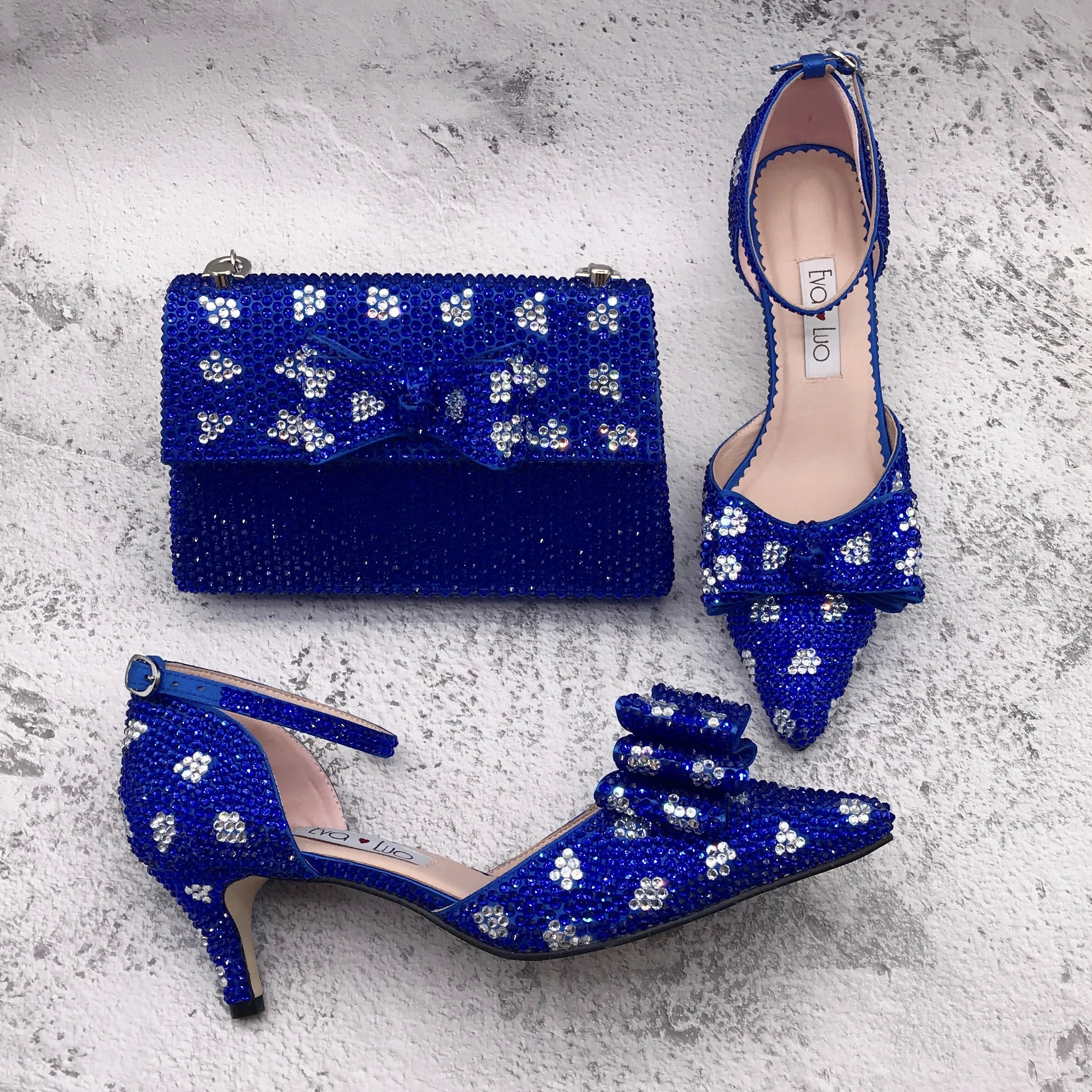 BS1609  Custom Handmade Dress Sandal Women Shoes  Royal Blue Silver Crystal Shoes With Matching Bag Bridal Wedding Shoes