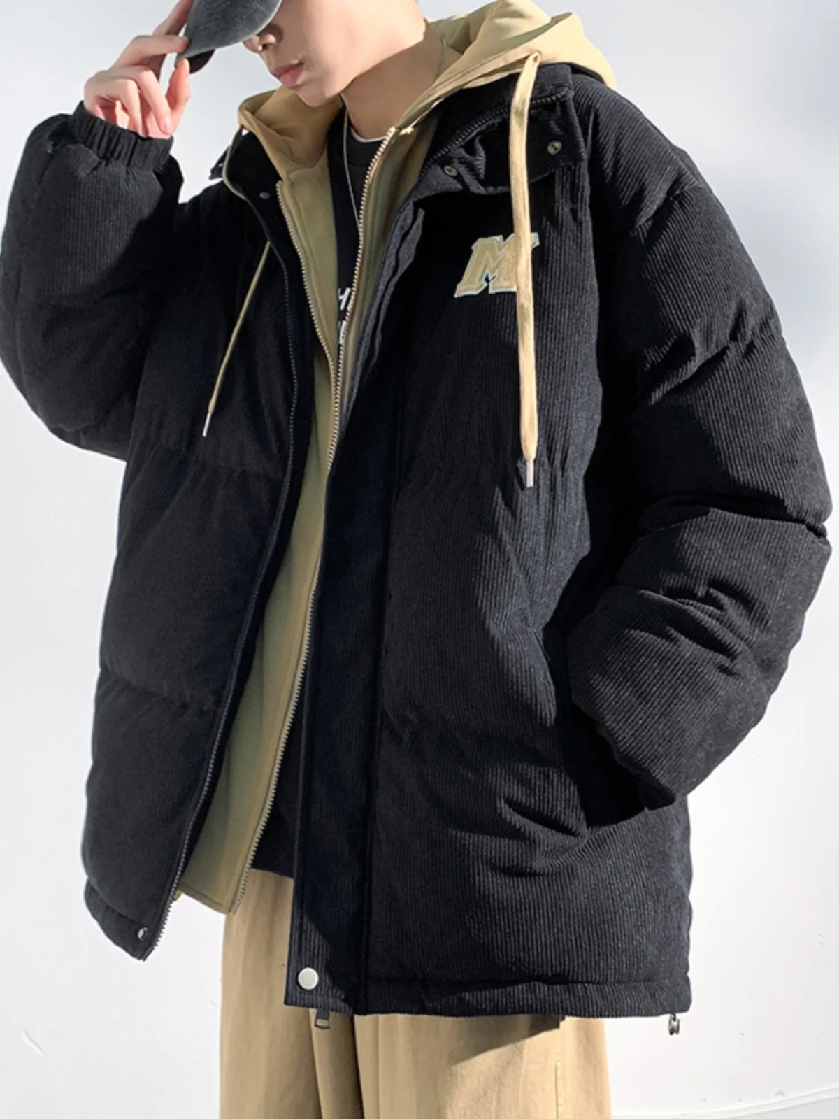 

Thiened Corduroy down Cotton Jaet for Men Winter Warm Hooded Workwear Fake Two-Piece Outerwear Youth Casual Sle Zipper