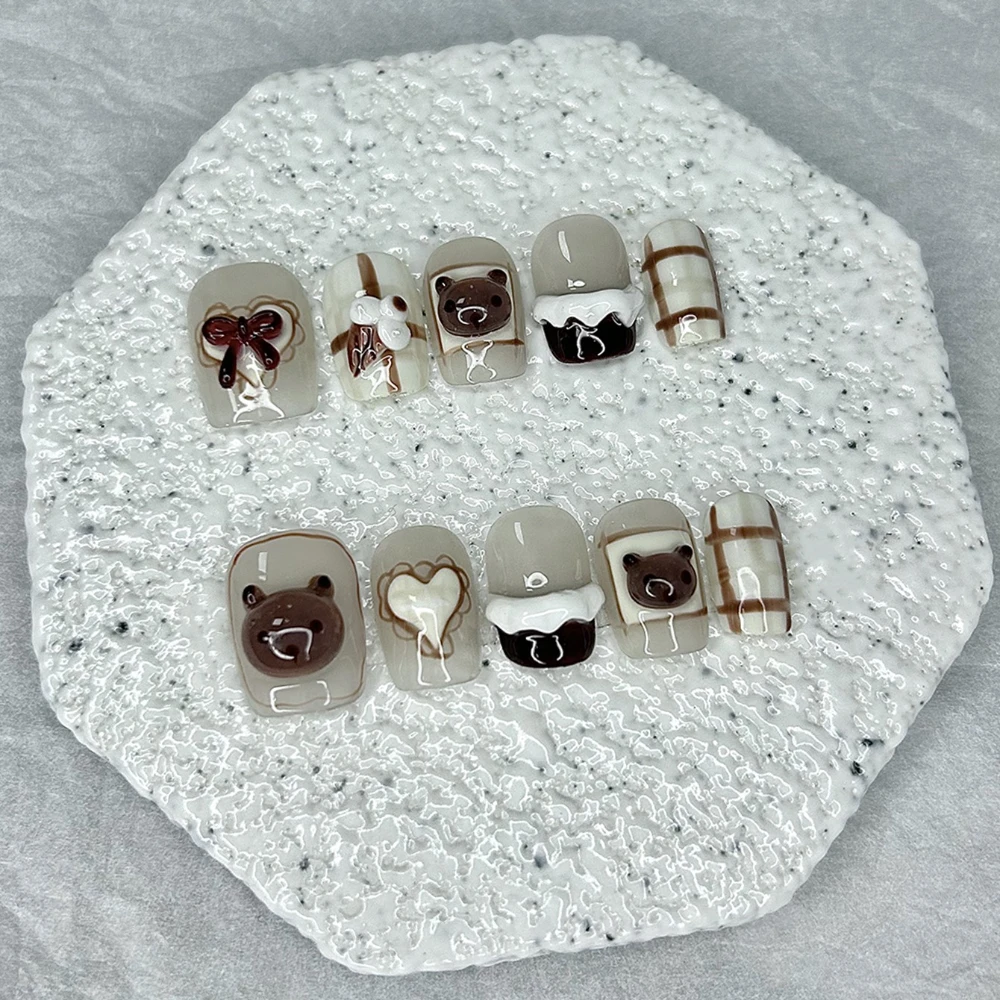 10 Pieces Autumn and Winter Maillard Handmade Press On Nails Cute Cartoon Bear Love Bow Fake Nails Removable and Reusable