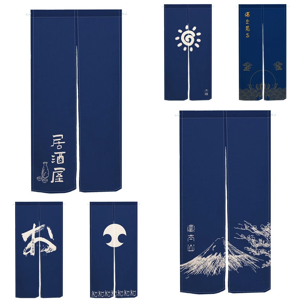 Blue Japanese Style Door Curtains Mount Fuji Printing Dining Room Partition Linen Doorway Curtain Kitchen Entrance Half Curtains