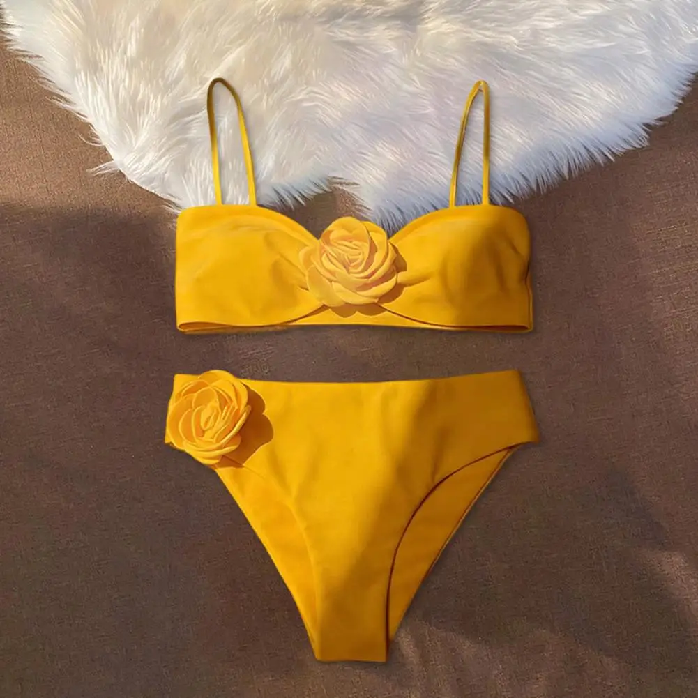 Nylon Spandex Swimwear 2pcs Women Bikini Set with 3d Flower Decor Adjustable Strap Tube Top High Waist Swimming Trunks Stylish