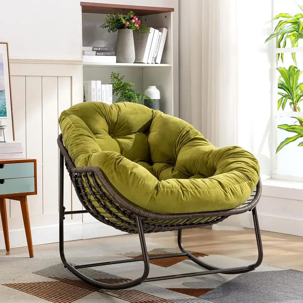 

Olive Green Oversized Outdoor Rocking Chair with Cushion, Perfect for Patio, Porch, or Balcony Relaxation
