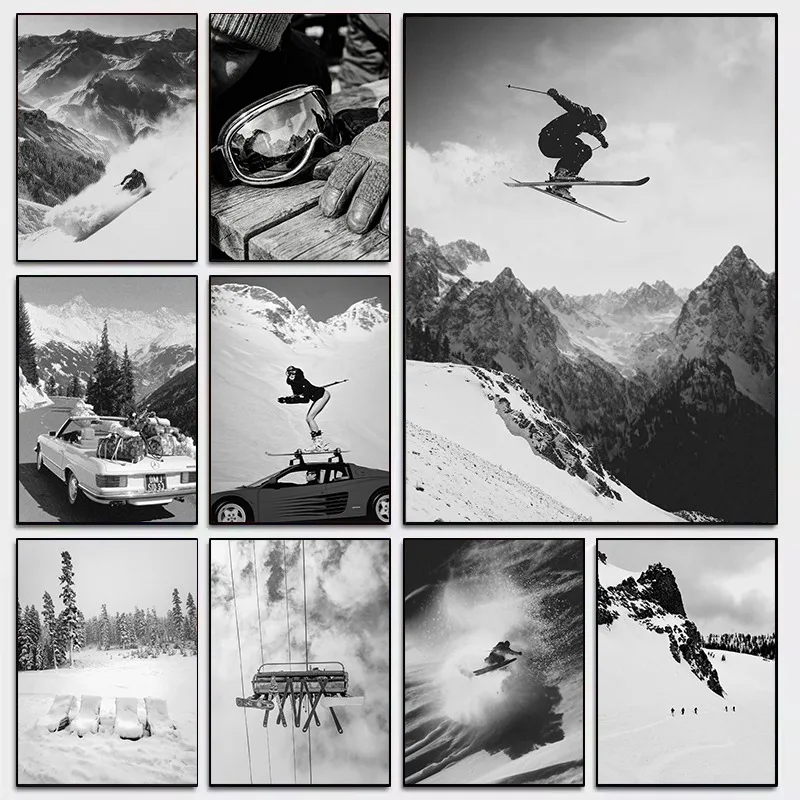 Black White Alpine Skiing Mid-Air Skier Ski Lift Fine Winter Photography Poster Canvas Painting Wall Art Pictures Home Deor