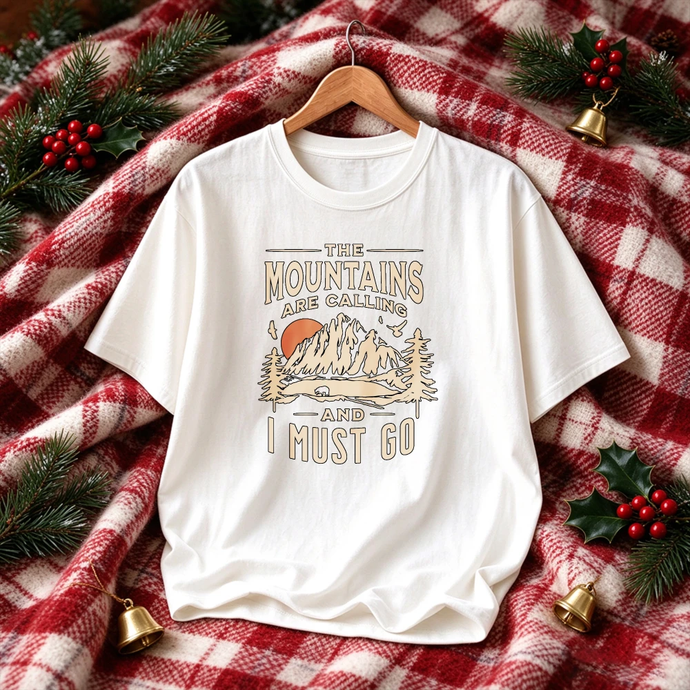 The Mountains Are Calling and I Must Go Graphic Tee Vintage Sunset Pine Tree Mountain Outdoor Hiking Camping Nature Casual Tops