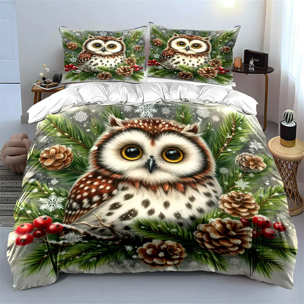Adorable owl amidst winter pine branches and snowflakes Print Duvet Cover Bedding Set Included 1*Duvet Cover 2*Pillowcases