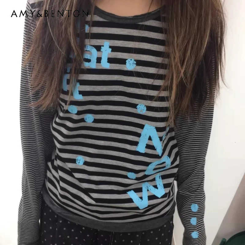 

Autumn New Letter Print Striped Splicing Round Neck Women's Bottoming Shirt Retro Design Versatile Long Sleeve T-Shirt Ladies