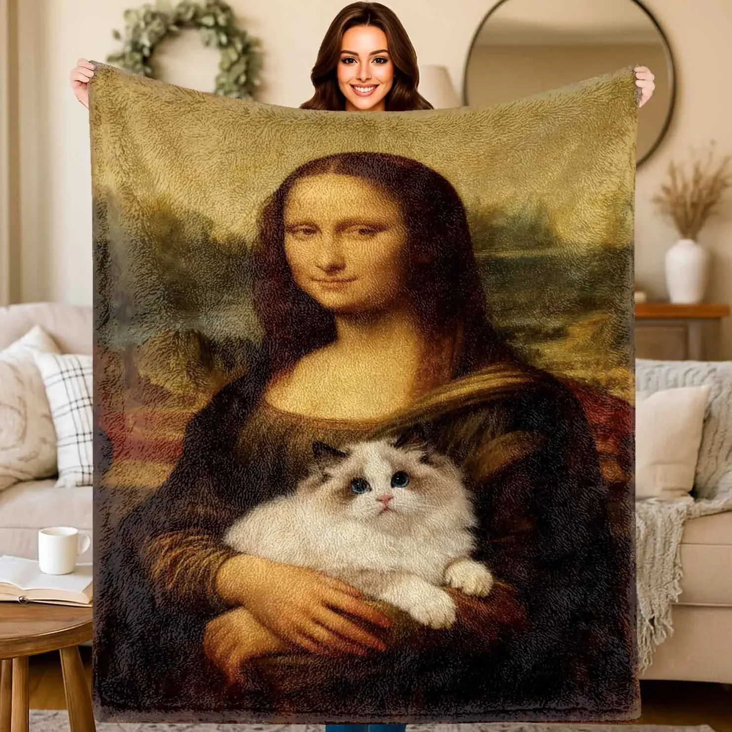 

Фланелевое одеяло Mona Lisa and Cat, размер xcm, для всесезонного использования в гостиной, офисе, на диване, в путешествиях