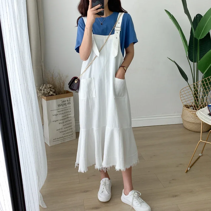 

Women Dress Sundress Summer Fashion Loose Ruffles Tassel Overalls Dresses Woman Suspenders Denim Long Dress