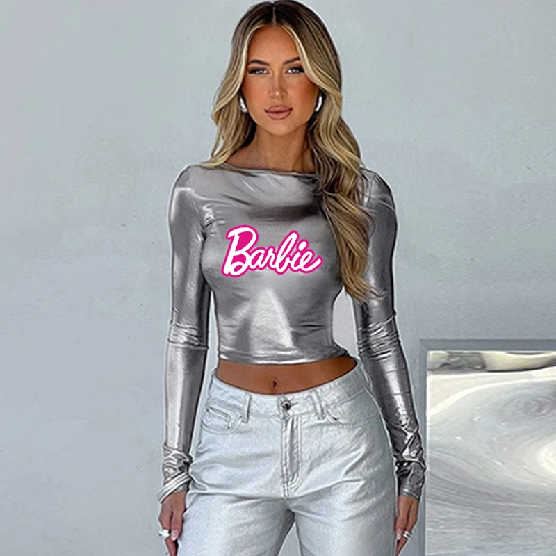 Barbie Fashion Slim Fit Navel Exposed Versatile Long-Sleeved Top Hot Girl European American Dress Solid Color Round Neck T-Shirt