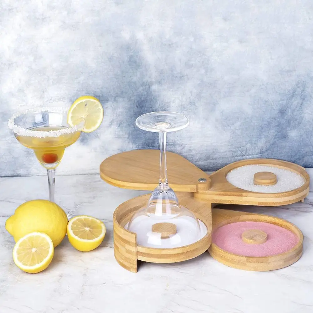 

Multifunctional Rotating 3-Tiers Rimmer Box Bamboo Wood Household Salt Dipping Device Foldable Cocktail Seasoning Box Restaurant