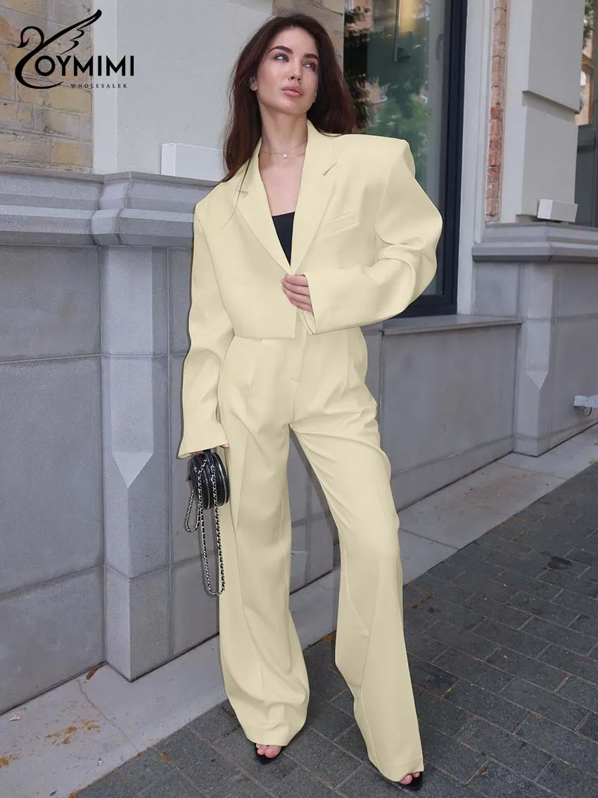 

Oymimi Elegant Yellow Women' S Clothes 2 Piece Sets Fashion Lapel Long Sleeve Single Button Crop Shirts And Simple Trousers Set