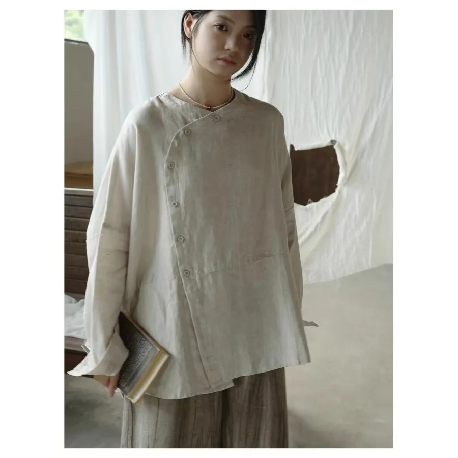 Asymmetric Slit Linen Shirt Long Sleeve Traditional Chinese Style Women's Top Fashionable Artistic Spring Clothing