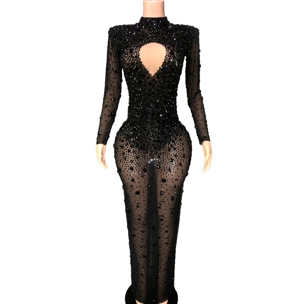 Luxurious Rhinestones  Birthday Celebrate Evening Prom Long Dress for Women Sexy Mesh Singer Show Stage Wear Photo Shoot Dress