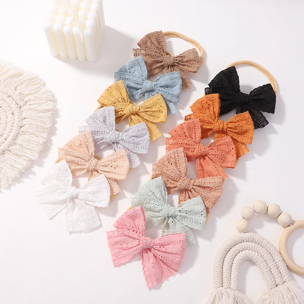 Baby Nylon Bow Headband for Girls Soft Headbands Elastic Children Hairbands Cotton Lace Embroided Flower Hair Accessories 3.8\'\'