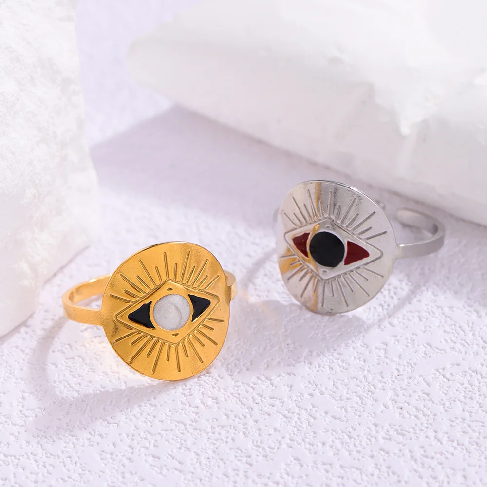 Light luxury Devil's Eye Round enamel stainless steel ring, waterproof and non-fading heavy metal, with adjustable finger ring