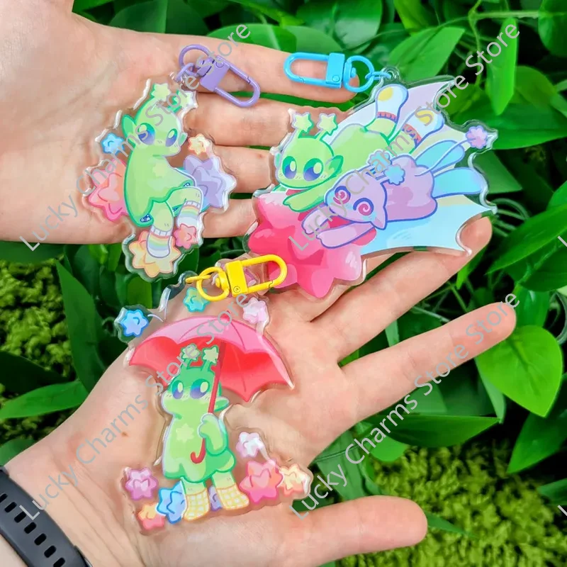 Kawaii Green Alien Monster Acrylic Bag Charms Pastel Star Cartoon Creature Umbrella Design Backpack Pendant Cute Kids Accessory