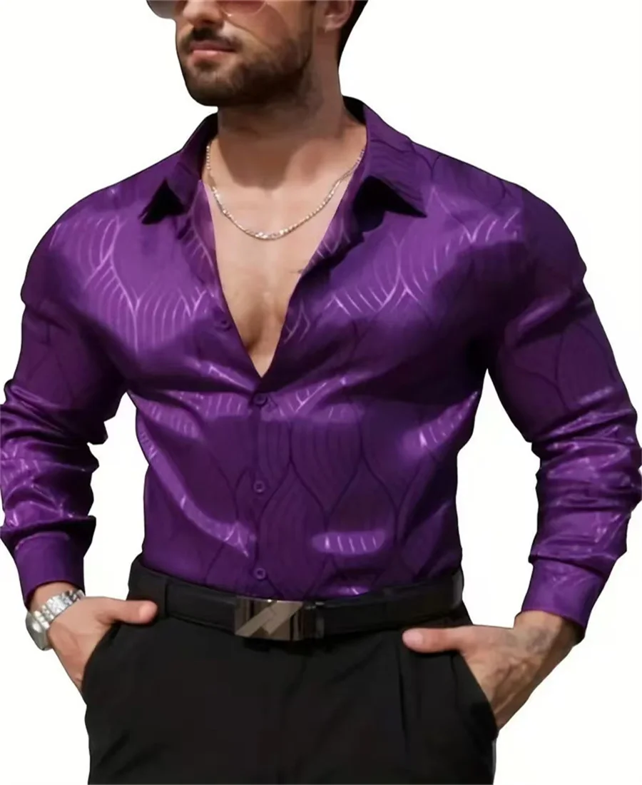 Men's button-down casual shirt in blue, black, and burgundy with long sleeves and lapels for spring and fall weddings and partie