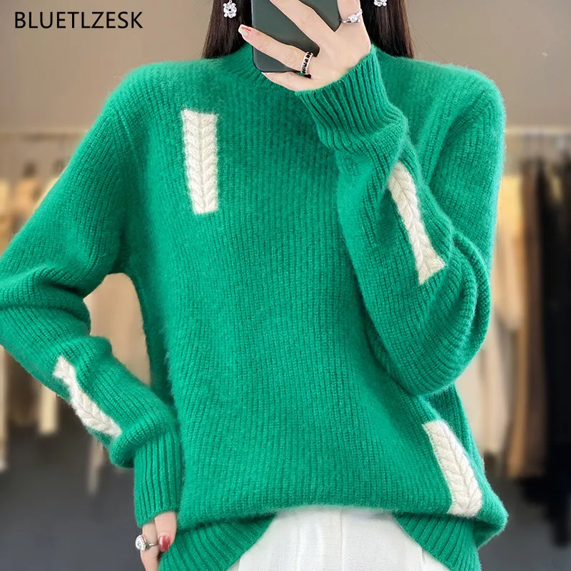 2023 Autumn Winter New Women\'s Clothing 100% Wool Cashmere Half High Neck Knit Sweater Soft Loose Large Size Pullover For Female