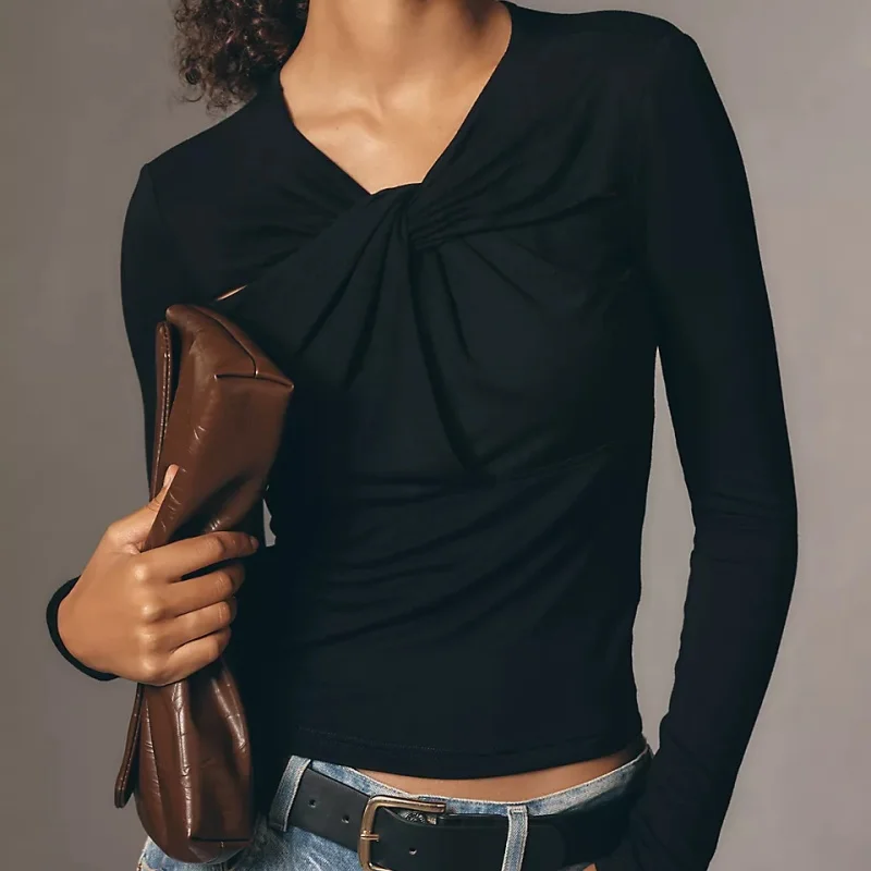 Women's Spring Summer Basic Tops Long Sleeve Solid Color Slim Fit Twist Knot Front Blouse