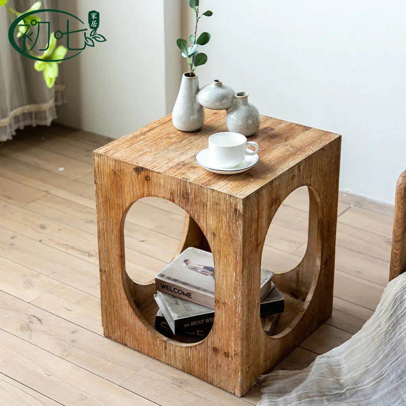 Wood Cube  Table with Round Cutout, Modern Geometric End Table, Multifunctional Nightstand Plant Stand for Living Room Bedroom
