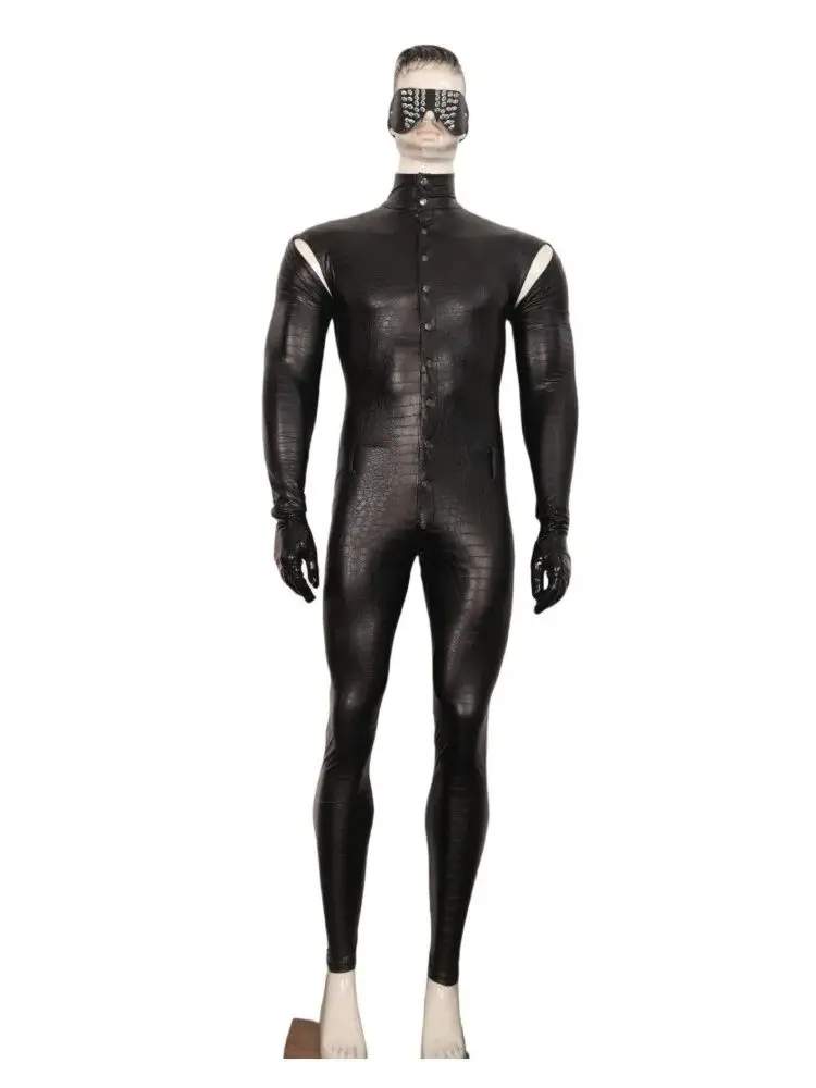 

S-3XL Alligator Prints PU Leather Catsuit Button Open Crotch Bodysuit Tights Motorcycle Leotard Conjoined Jumpsuit Unitard Body