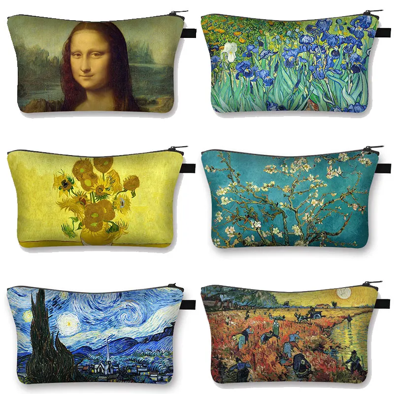 Oil Painting By Van Gogh Cosmetic Case Starry Night / Sunflower Woman Makeup Bags Girls Cute Lipstick Storage Bags for Travel