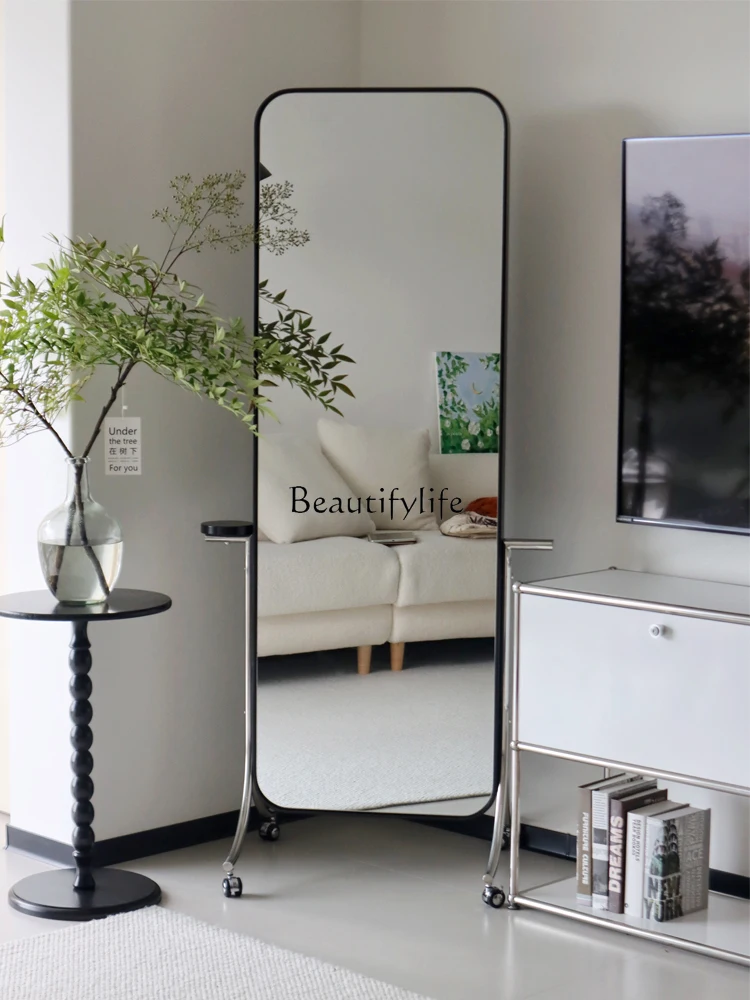 

01Full-length mirror living room rotating floor mirror household light luxury black solid wood storage magazine rack