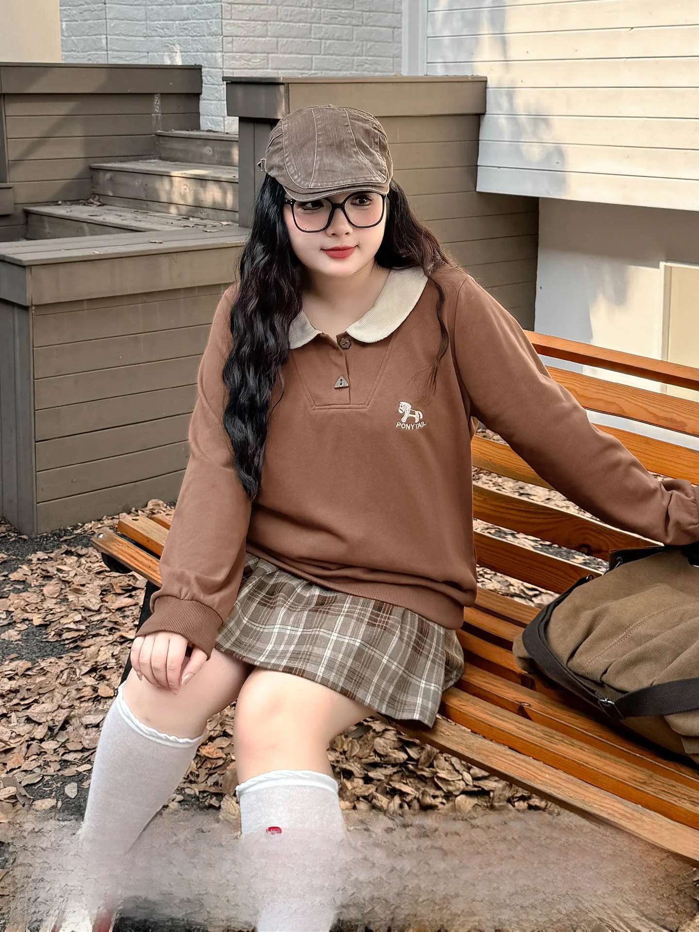 

Женский наряд большого размера, корейский колледж, контрастный цвет, кукольный воротник, свитшот с вышивкой, клетчатая юбка, комплект из двух предметов