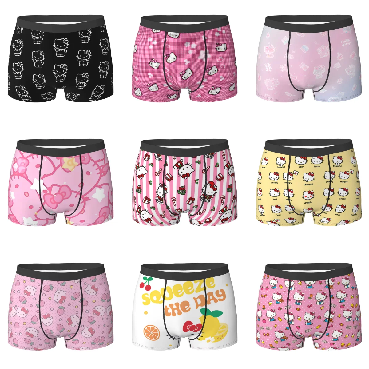 Black Hello Kitty Middle Finger  Underwear Print Trunk Trenky Men's Underpants Elastic Shorts Briefs Gift