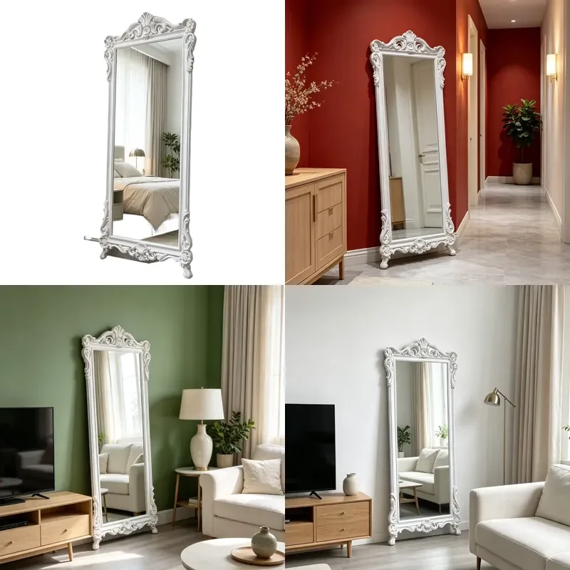 Nordic Retro Vertical Full Length Mirror with Carved Border Classical Decorative Mirror for Bedroom Cloakroom Fitting Room