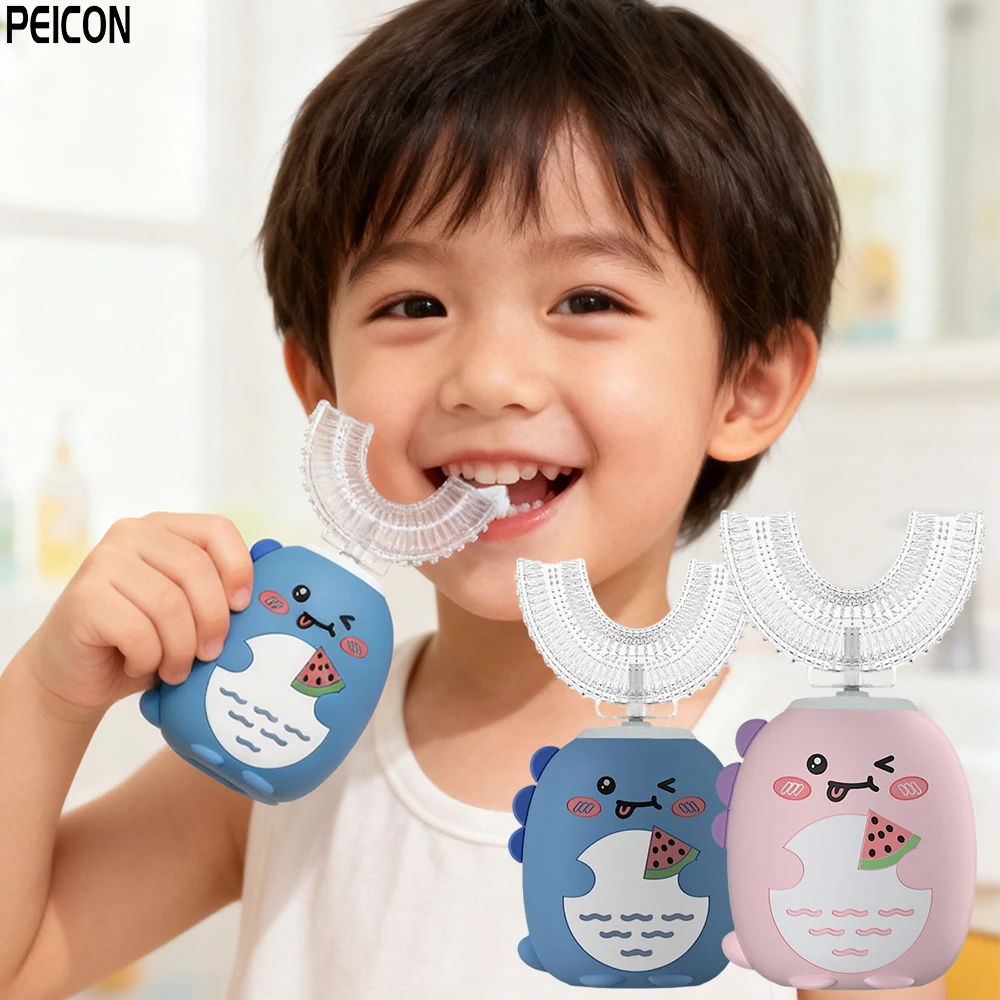 

Kids U-Shaped Silicone Electric Toothbrush 360° Sonic Automatic IPX7 Waterproof Cartoon Design for Ages 3+