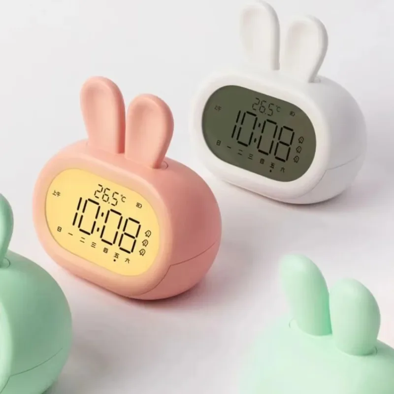 Adorable Bunny Digital Alarm Night Light 12/24H Countdown Timer Temperature Display USB Rechargeable Bedside Desk Home Decor